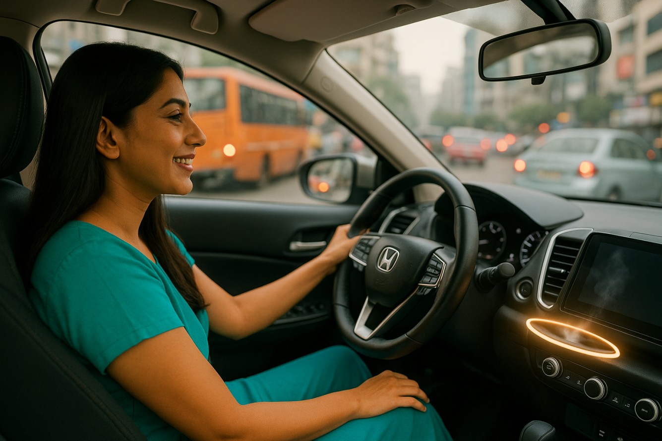 A woman smiling while driving in city traffic