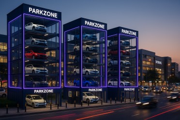 A futuristic vertical parking structure with EV charging